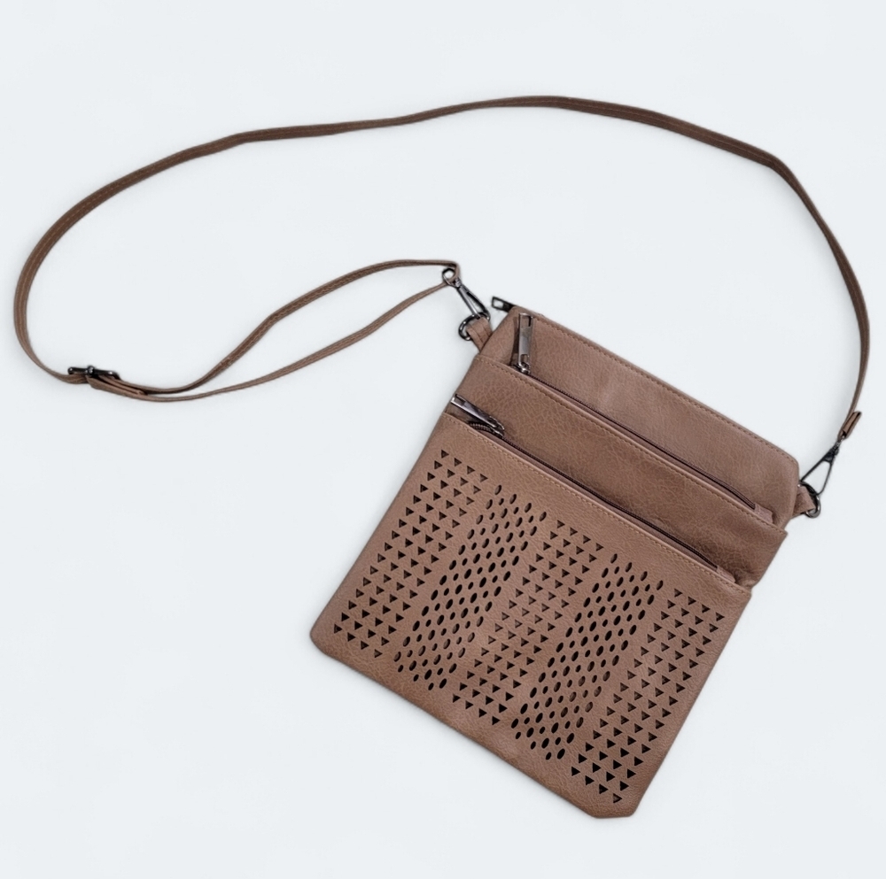 Brown Vegan Crossbody Bag With Cut Out Design Adjustable Multiple Pockets Travel
